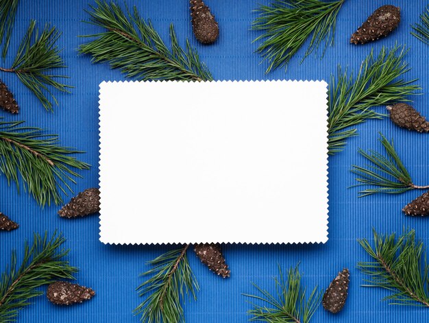 Cartão de Natal branco sobre o fundo azul de galhos de pinheiro e cones de abeto. Nota vazia