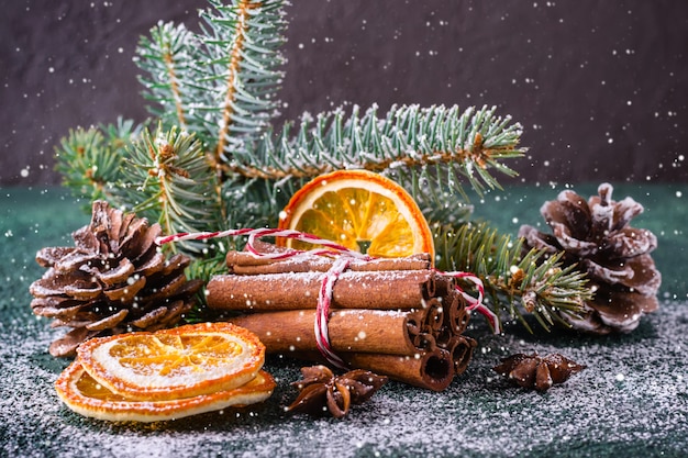 Cartão de Natal com canela, laranjas secas e ramos de abeto