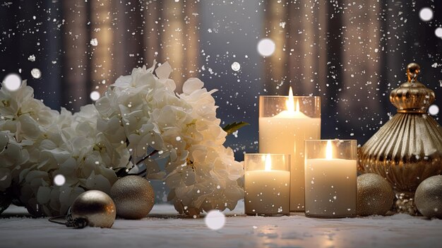 Cartão de Natal com neve e velas Ornamento de férias de inverno e velas na cena de Natal IA gerada