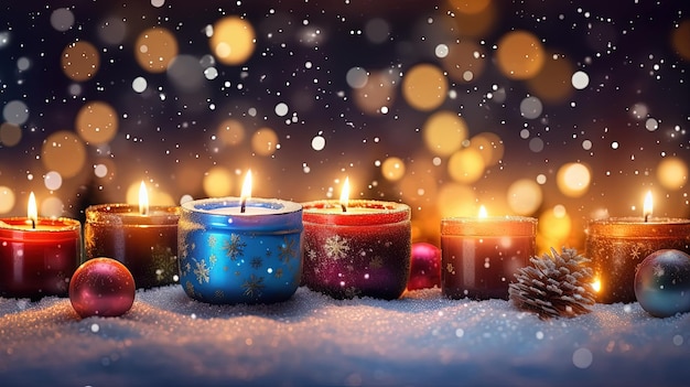 Cartão de Natal com neve e velas Ornamento de férias de inverno e velas na cena de Natal IA gerada