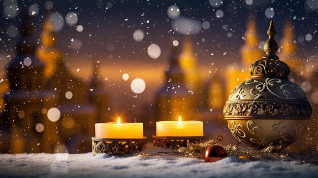 Cartão de Natal com neve e velas Ornamento de férias de inverno e velas na cena de Natal