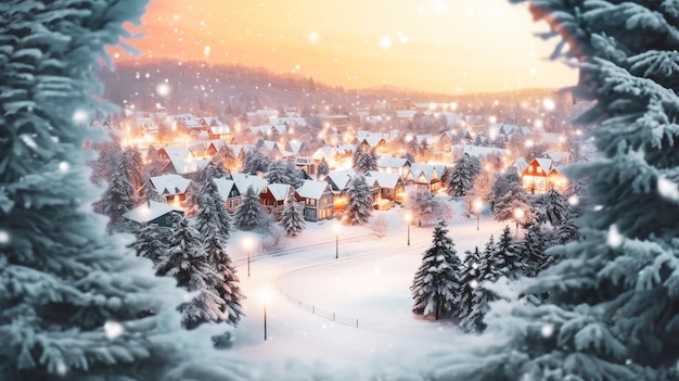 Cartão de Natal com paisagem de inverno com casas nevadas nas montanhas