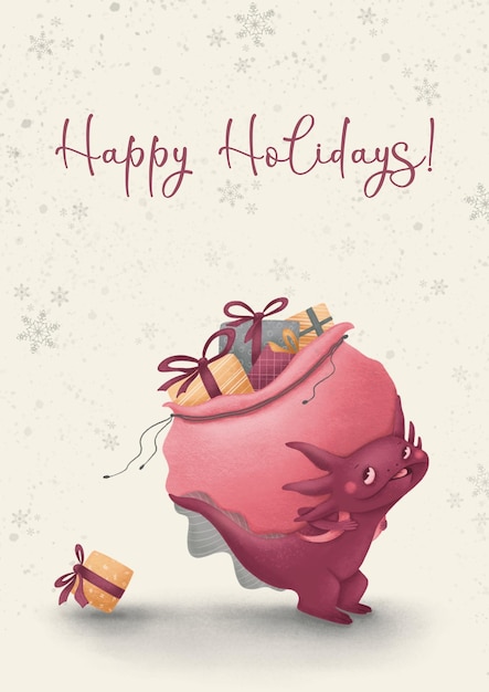 Cartão de Natal com personagem axolotl em um fundo claro para cartões, presentes, cartazes