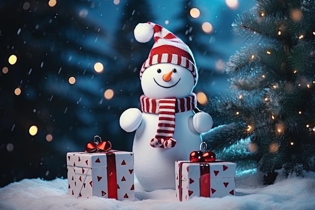 Cartão de Natal com um boneco de neve com presentes na floresta de inverno na árvore de Natal