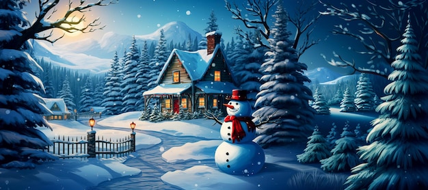 Cartão de Natal com um boneco de neve na frente de casas cobertas de neve na floresta na noite de Natal geração de IA