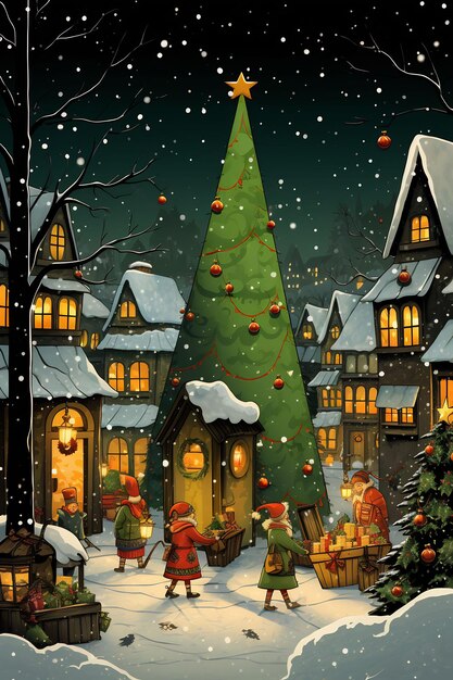 cartão de natal com uma árvore de natal e uma casa ao fundo