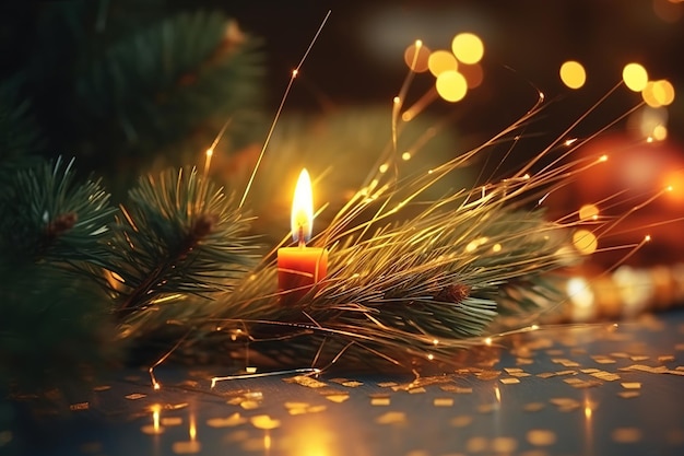 Cartão de Natal com uma vela perto de um galho de árvore de Natal com luz e brilho geração de IA