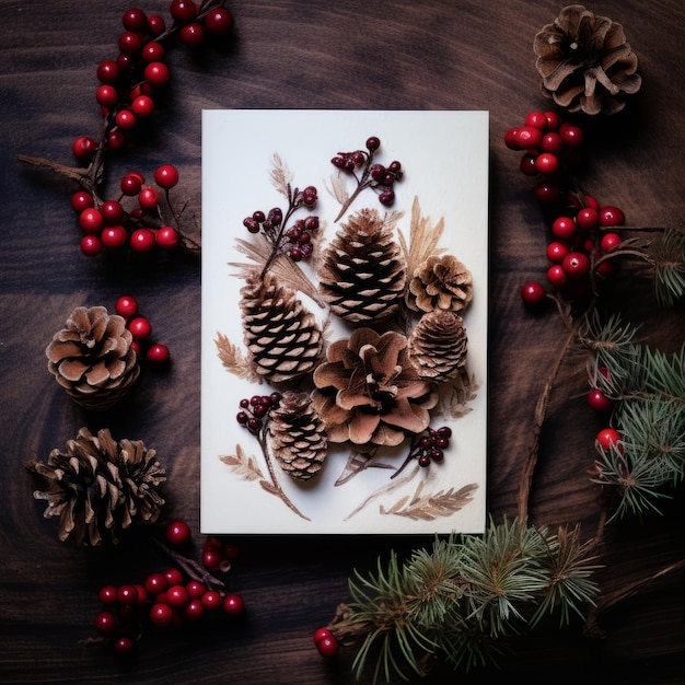 Cartão de Natal decorado com cones de pinheiro e cranberries IA generativa