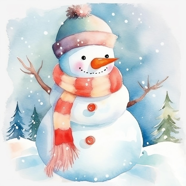 Cartão de Natal em aquarela com boneco de neve em cachecol e chapéu Generative AI