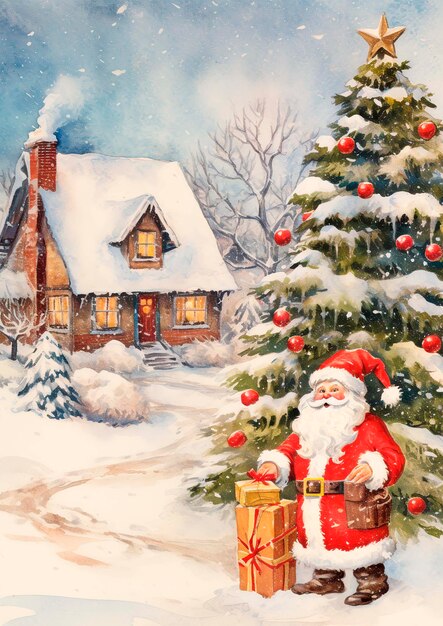 Cartão de Natal em aquarela com tema retrô