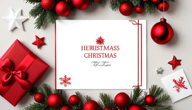 Cartão de Natal vermelho Ornamentos de Natal vermelhos e saudações sazonais Cartão branco vazio para o seu texto