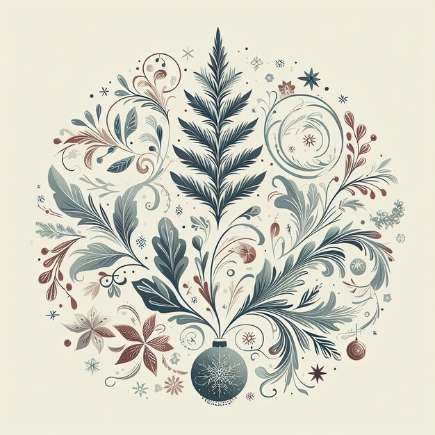Cartão de Natal vintage com elementos florais e ornamentos