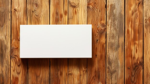 Cartão de papel branco rectangular horizontal em branco sobre fundo de tábua de madeira