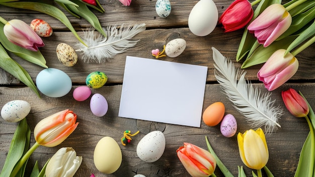 Cartão de Páscoa cercado por ovos pastel e tulipas