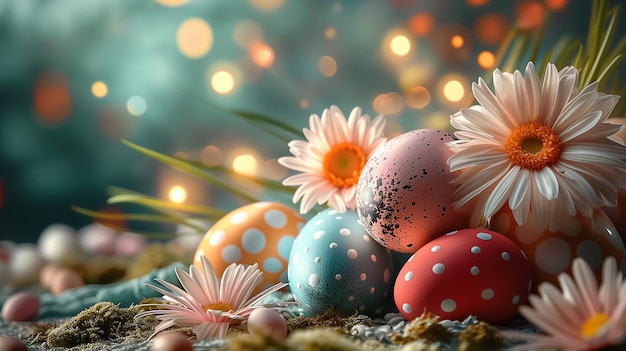 Cartão de Páscoa com ovos pintados de cores brilhantes e galhos de flores de primavera em fundo desfocado