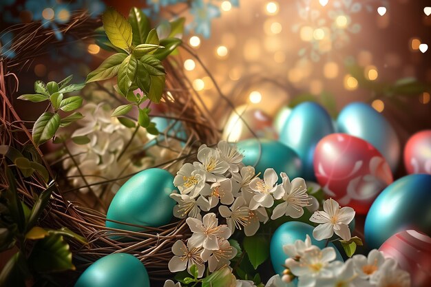 Cartão de Páscoa com ovos pintados de cores brilhantes e galhos de flores de primavera em fundo desfocado