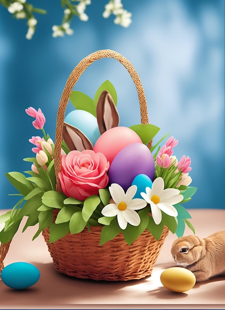Cartão de Páscoa festivo com flores e ovos de Páscoa coloridos