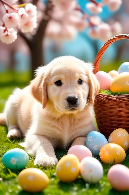 Cartão de Páscoa Um cachorrinho feliz senta-se na grama verde em um dia de primavera em flor de cereja