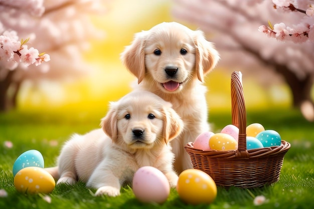 Cartão de Páscoa Um cachorrinho feliz senta-se na grama verde em um dia de primavera em flor de cereja