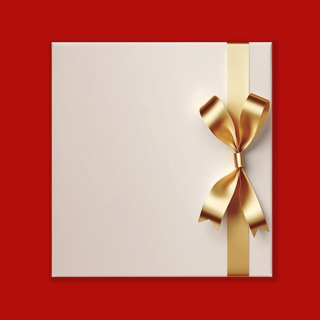 Cartão de presente em branco com laço de fita dourada brilhante fundo vermelho Espaço de cópia renderização 3d
