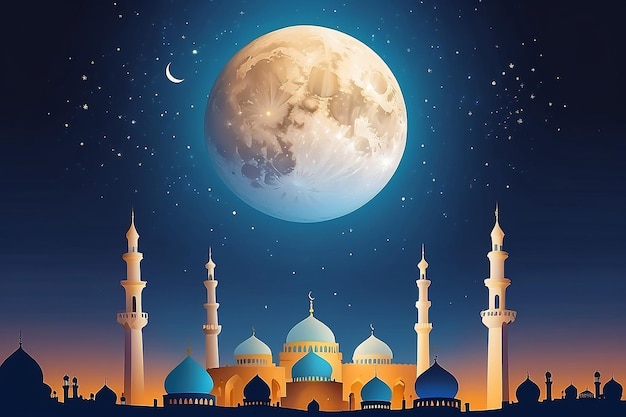 Cartão de Ramadan com cúpula da mesquita Lua crescente em fundo de céu azul Bandeira vertical Noite de Ramadan com crepúsculo céu para a religião islâmica