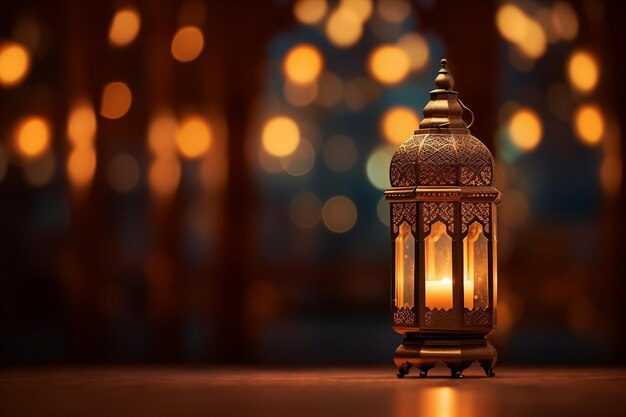 cartão de Ramadan lâmpada brilhante com vela em fundo bokeh