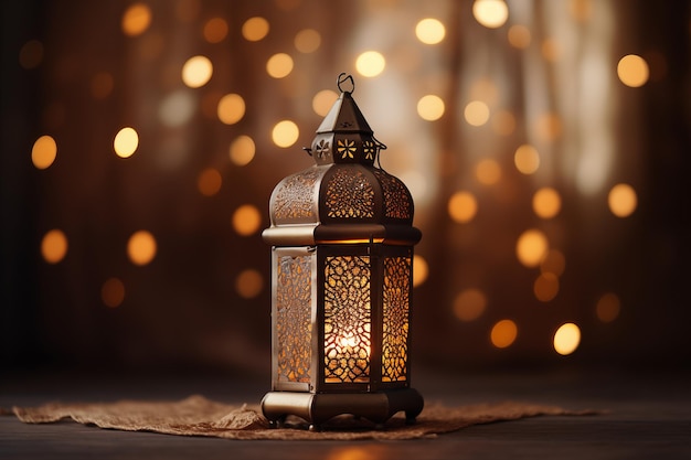 cartão de Ramadan lâmpada brilhante com vela em fundo bokeh