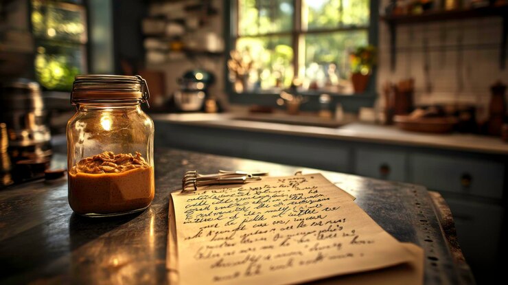 Foto cartão de receita manuscrito com frasco de manteiga em cozinha vintage