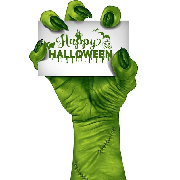 cartão de sagacidade de mão verde de Halloween em fundo branco