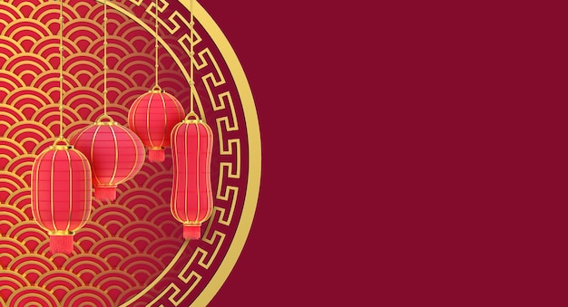 Foto cartão de saudação 3d com lanternas vermelhas - decoração tradicional do feriado de ano novo chinês