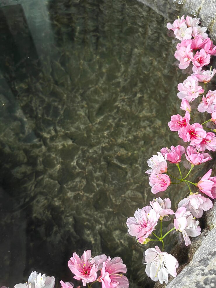 Foto cartão de saudação com belas pétalas de rosa macro com gota flutuando na superfície da água em close-up