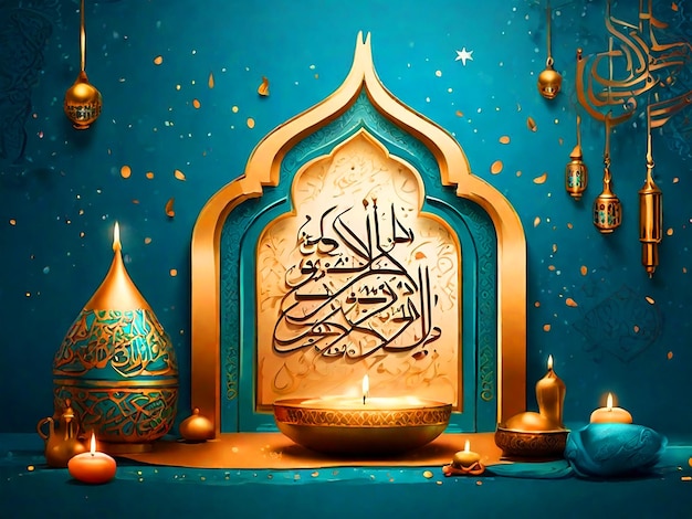 Cartão de saudação com desejos em caligrafia árabe Design islâmico com sacrifício Celebra religiosa
