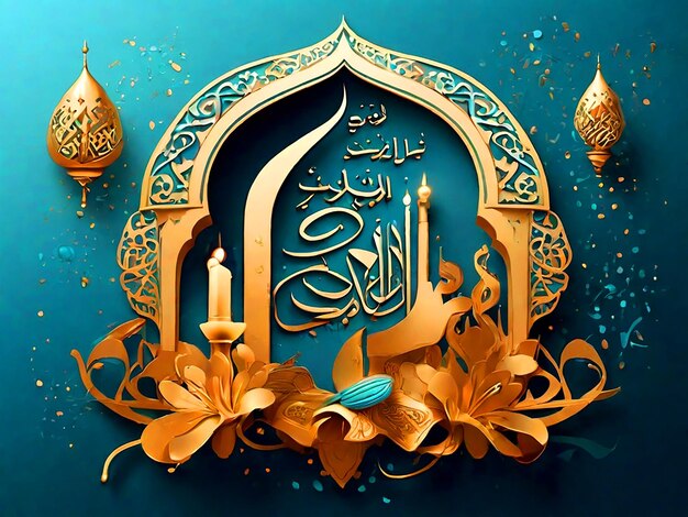 Cartão de saudação com desejos em caligrafia árabe Design islâmico com sacrifício Celebra religiosa