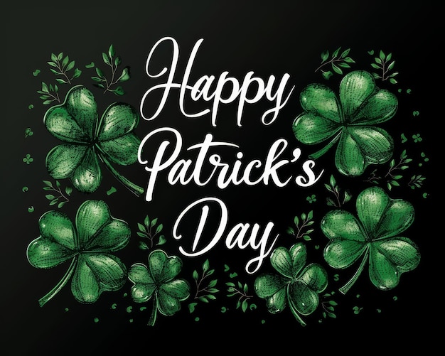 Cartão de saudação com texto Feliz Dia de São Patrício estilo verde fundo preto trevo cultura irlandesa