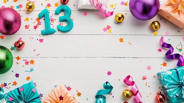 Foto cartão de saudação de aniversário vibrante com decorações ornamentadas em fundo branco celebrando o 13o aniversário