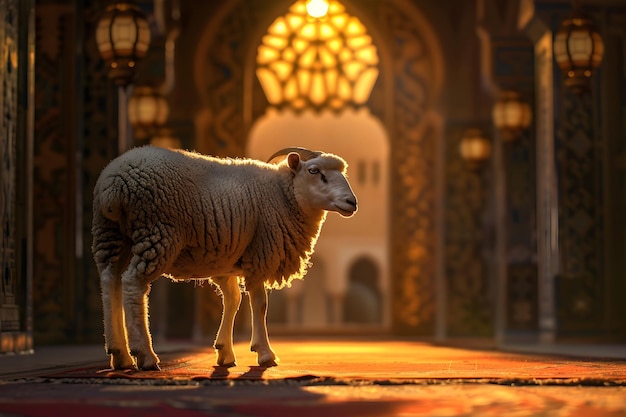 Cartão de saudação de Eid Al Adha com ovelhas e fundo de lanterna islâmica Eid Al adha postagem nas mídias sociais