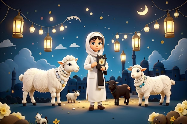 Cartão de saudação de Eid AlAdha Mubarak desenho animado para crianças muçulmanas