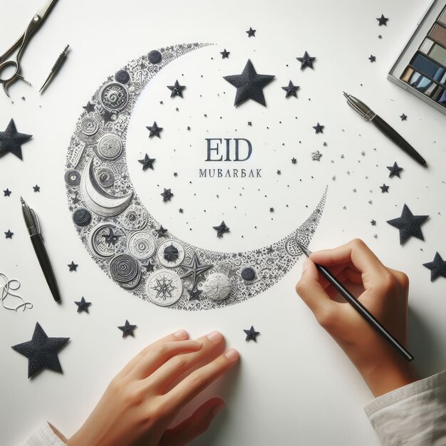 Foto cartão de saudação de eid mubarak com uma lua e estrelas em um fundo branco_ai_generated
