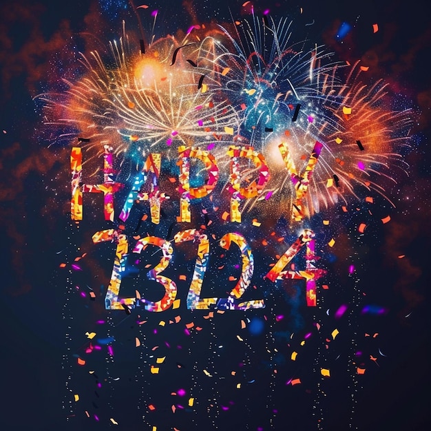 Cartão de saudação de feliz ano novo 2024 com confeti e fogos de artifício