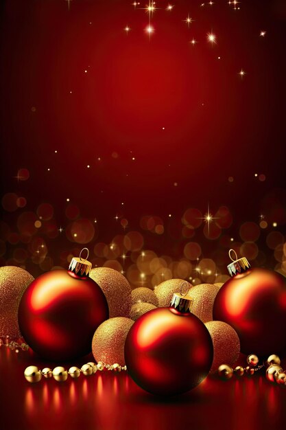 Foto cartão de saudação de natal com bolas vermelhas e douradas no espaço de cópia de fundo vermelho feliz natal generativo