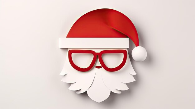 Cartão de saudação de Natal com um bigode de papel hipster de Papai Noel e um chapéu de Natal contra um fundo no estilo moderno de corte de papel IA generativa