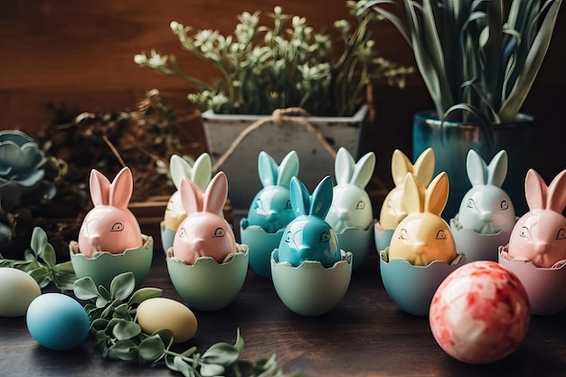 Cartão de saudação de Páscoa com bonitos coelhos de Páscua decorativos perto de ovos de Pásqua coloridos espaço para texto