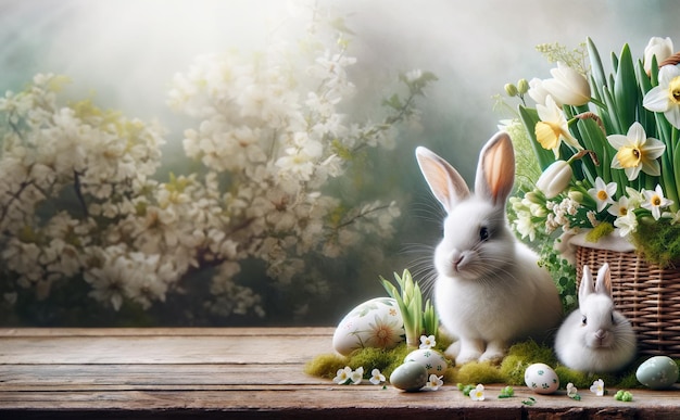 Cartão de saudação de Páscoa com ovos de páscoa de coelho e narcisos em uma cesta de vime