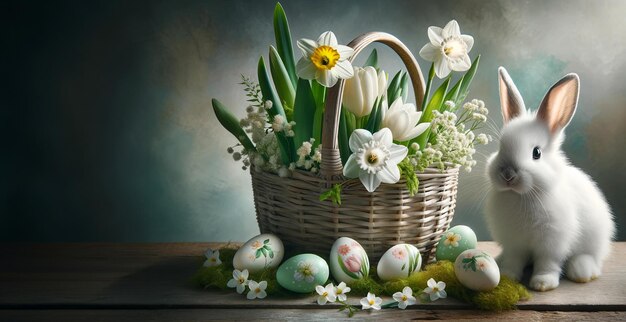 Cartão de saudação de Páscoa com ovos de páscoa de coelho e narcisos em uma cesta de vime