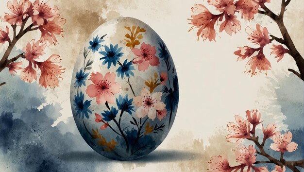 Foto cartão de saudação de páscoa no estilo japonês sumie com flores de bue sakura em ovo de páscua em fundo branco hieróglifos harmonia espírito perfeição ilustração aquarela