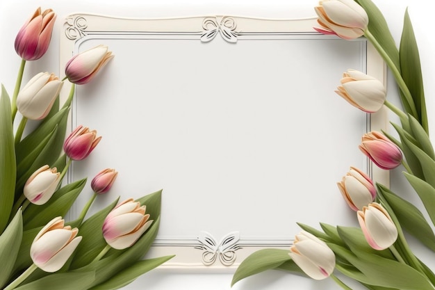 Cartão de saudação de pequenas tulipas na pequena borda da tabela em branco