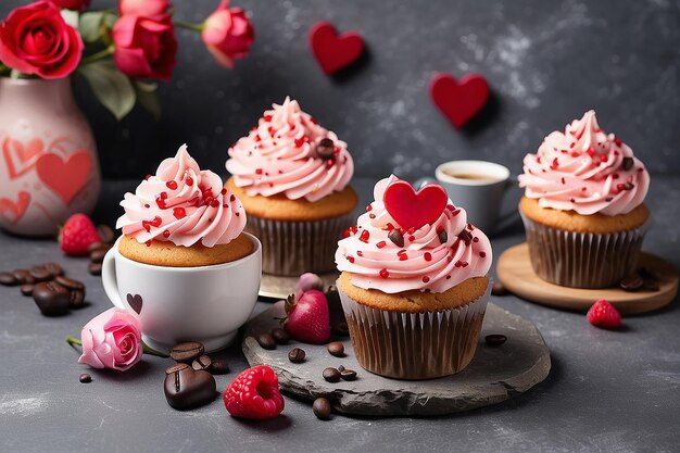 Cartão de saudação do Dia dos Namorados com deliciosos cupcakes doces e xícara de café em fundo de pedra Vista superior