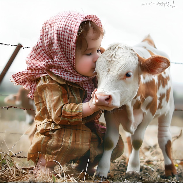 Cartão de saudação do Eid Al Adha com um bezerro e uma menina muçulmana postando na mídia social do Eid El Adha