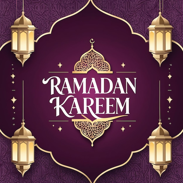 Cartão de saudação do Ramadan Kareem com lanternas douradas e padrões islâmicos
