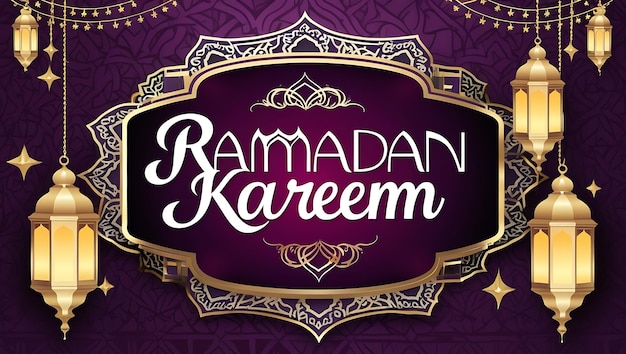 Cartão de saudação do Ramadan Kareem com lanternas douradas e padrões islâmicos